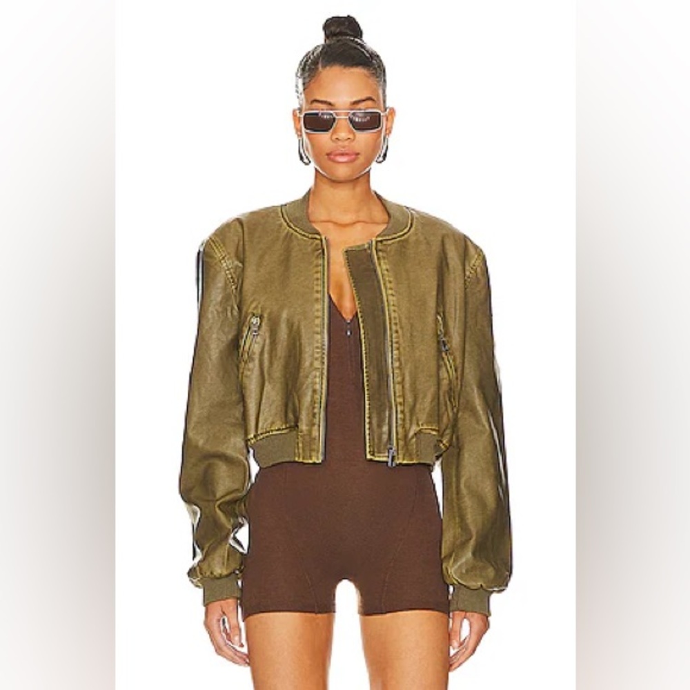REVOLVE Coated Bomber Jacket Brown Ash Cropped Oversized LIONESS Faux Leather - Picture 2 of 6